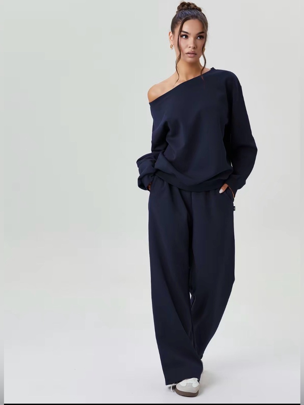 Off Shoulder Lounge Set Navy Sweatsuit with Wide Leg Pants